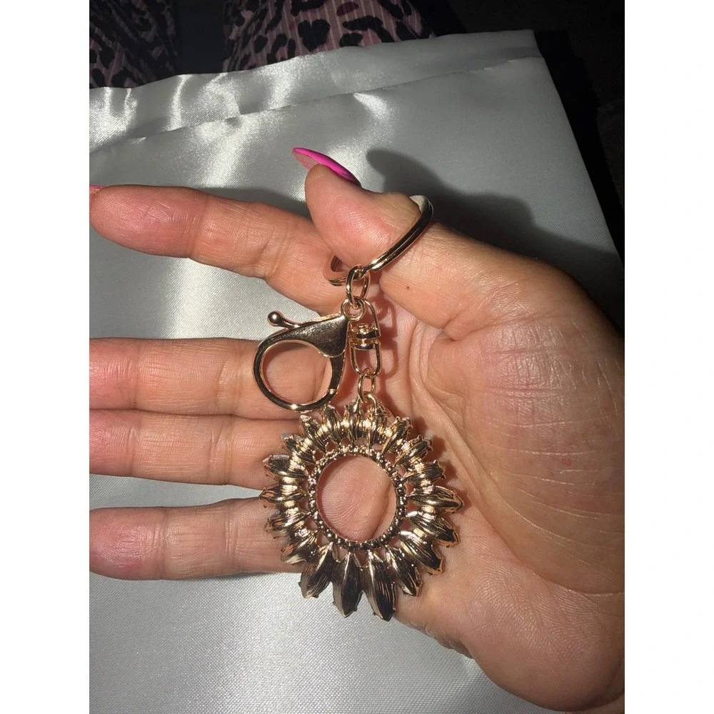 Sunflower Crystal Keychain Yellow Gold Tone Floral Bag Charm with Pearl Accent